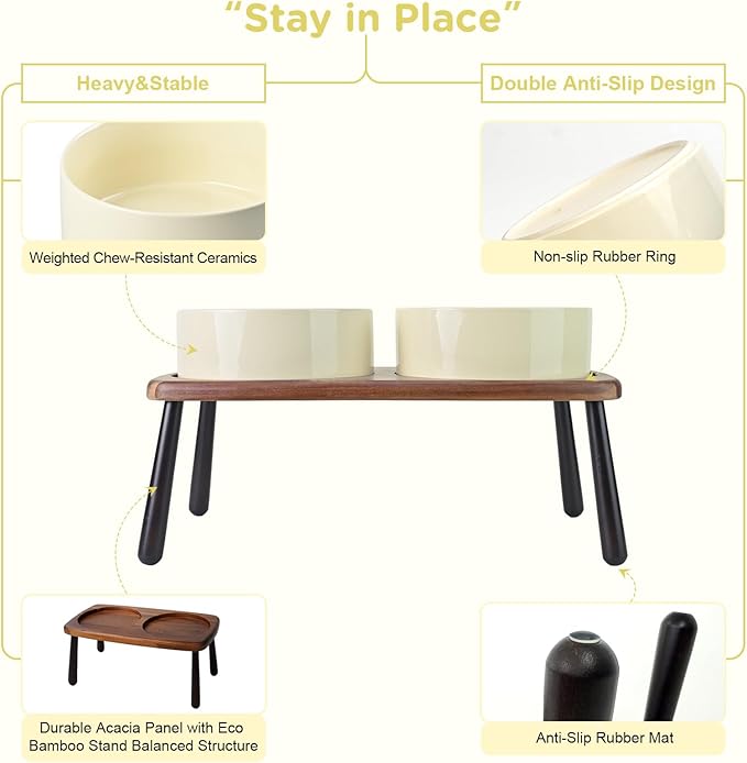 SPUNKYJUNKY Ceramic Elevated Dog Bowls Raised with Acacia Bamboo Wooden Stand, 8.3&