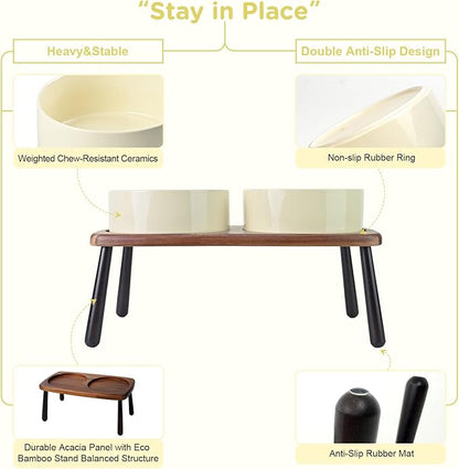 SPUNKYJUNKY Ceramic Elevated Dog Bowls Raised with Acacia Bamboo Wooden Stand, 8.3&