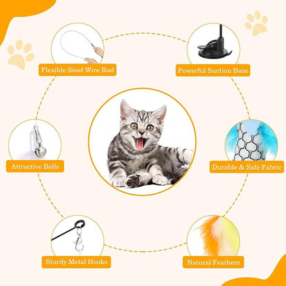 Pawaboo Cat Feather Toys, Interactive Cat Wand Toy with 2-Slot Super Suction Cup, Detachable 2 PCS Spring Cat Wand &amp; 7 PCS Cat Teaser Replacement with Bells, Funny Kitty Toys for Indoor Kittens Play
