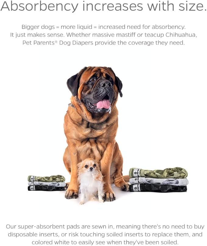 Pet Parents® Washable Dog Diapers (3pack) + Extendrs® of Durable Doggie Diapers, Premium Dog Diapers Female &amp; Male (Small, Camo)