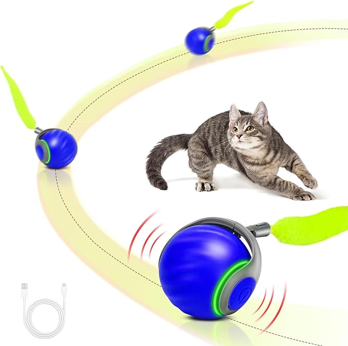 Speedy Tail 2.0 Interactive Cat Toy – Smart Self-Rolling Cat Ball with Feather Tail, Automatic Moving Motorized Toy for Indoor Cats, Chasing &amp; Hunting Fun (Blue)