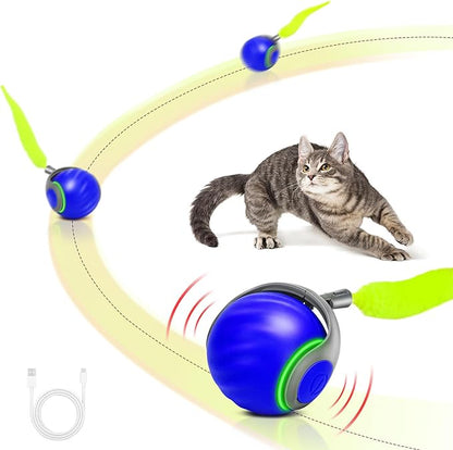Speedy Tail 2.0 Interactive Cat Toy – Smart Self-Rolling Cat Ball with Feather Tail, Automatic Moving Motorized Toy for Indoor Cats, Chasing &amp; Hunting Fun (Blue)