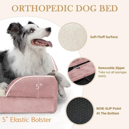 Comfort Expression Waterproof Orthopedic Foam Dog Beds Extra Large Dogs, XL Dog Bed with Bolster, Washable Pet Sofa Couch with Removable Cover &amp; Non-Slip Bottom(X-Large,Pink)