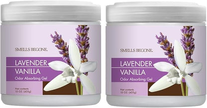 SMELLS BEGONE Air Freshener Odor Absorber Gel - 15 oz, Pack of 2 - Absorbs and Eliminates Odor in Pet Areas, Bathrooms, Cars, &amp; Boats - Made with Essential Oils - Lavender Vanilla Scent