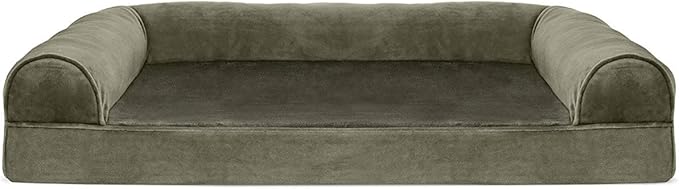 Furhaven Orthopedic Dog Bed for Large/Medium Dogs w/ Removable Bolsters &amp; Washable Cover, For Dogs Up to 55 lbs - Faux Fur &amp; Velvet Sofa - Dark Sage, Large