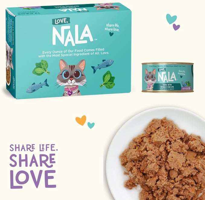 LOVE, NALA - Natural Adult Cat Wet Food - Pate Tuna with Spinach Recipe- Grain Free, Non-GMO, Lean Protein, Iron, Digestive Fiber Blend, Added Minerals &amp; Vitamins - 12 Pack 2.4 lbs.