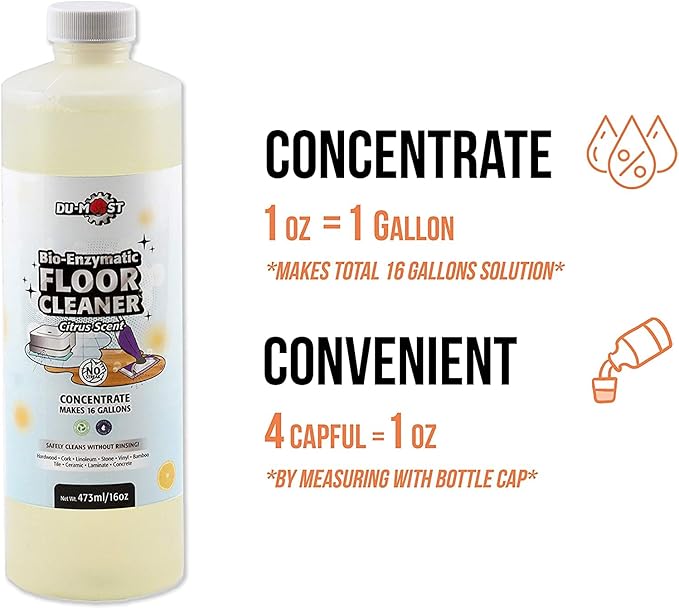 DU-MOST Enzymatic Floor Cleaner Concentrate (1 Oz Makes 1 Gal), No, Streak, No Rinsing, Kids &amp; Pets Safe, Hard Surface Floors, Citrus Scent, 16 Fl Oz