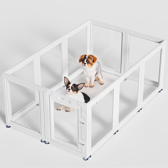 Dog Playpen Transparent Puppy Playpen Indoor, Easy Assemble &amp; Disassemble Clear Pet Playpen, Sturdy &amp; Easy Cleaning Plastic Dog Fence with Suction Cup (23.6"" H, 10PCS), White