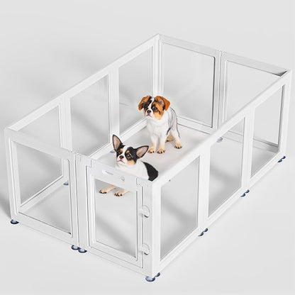 Dog Playpen Transparent Puppy Playpen Indoor, Easy Assemble &amp; Disassemble Clear Pet Playpen, Sturdy &amp; Easy Cleaning Plastic Dog Fence with Suction Cup (23.6"" H, 10PCS), White