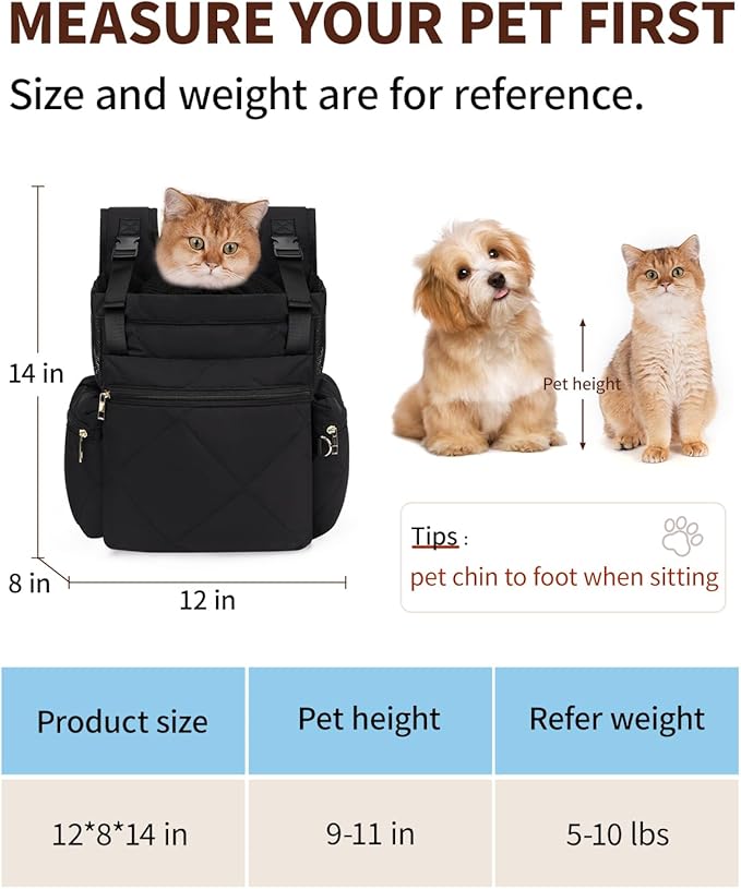 OFY Cat Carrier Puffy Backpack Breathable Small Dog Front Backpack Large Space for Small Dogs, Drawstring &amp; Water-Resisant Pet Bag for Travel Hiking, Black Patent Pending