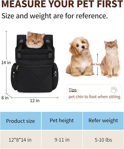 OFY Cat Carrier Puffy Backpack Breathable Small Dog Front Backpack Large Space for Small Dogs, Drawstring &amp; Water-Resisant Pet Bag for Travel Hiking, Black Patent Pending