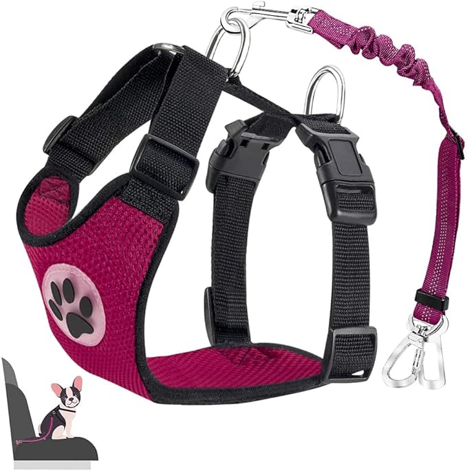 Lukovee Dog Seat Belt for Car, Adjustable Dog Car Harness for Large Medium Small Dogs, Soft Padded &amp; Breathable Mesh Dog Seatbelt with Car Strap and Carabiner(Rose Double Clip,Medium)