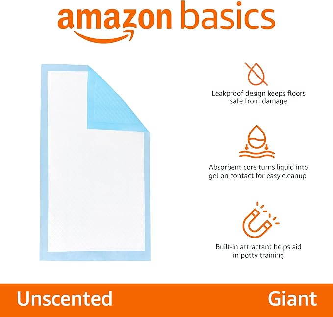 Amazon Basics Leakproof Dog and Puppy Pee Pads with 5-Layer Quick-Dry Surface for Potty Training, Standard Absorbency, Giant, 27.5 x 44Inch, Pack of 40, Blue &amp; White