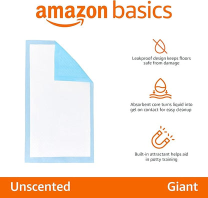 Amazon Basics Leakproof Dog and Puppy Pee Pads with 5-Layer Quick-Dry Surface for Potty Training, Standard Absorbency, Giant, 27.5 x 44Inch, Pack of 40, Blue &amp; White