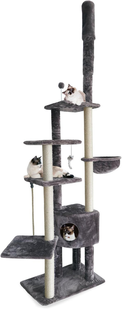 Furhaven 100"-113" Tall Cat Tree for Indoor Cats w/ Adjustable Height, Ft. Sisal Scratching Posts, Condo, &amp; Toys - Tiger Tough Skyscraper Interactive Playground Tower - Gray, One Size