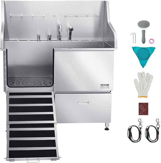 VEVOR Professional 304 Stainless Steel Dog Bathing Station, 50 inch Pet Grooming Tub w/Anti-Slip ramp, Storage Drawer, Cold Hot Faucet Showerhead, for Large &amp; Medium &amp; Small (Left Door, with Drawer)