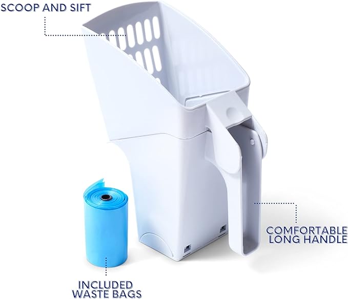 PURRFECT POUCH Cat Litter Shovel with Built-in Scooper &amp; Holder | Kitty Pooper Scooper &amp; Sifter | Includes 1 Roll of Litter Scoop Bags