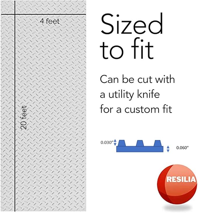 RESILIA Heavy Duty Garage Floor Runner &amp; Protector Mat - Slip Resistant Diamond Plate PVC Mats - Water, Spill, &amp; Stain Resistant, Silver (4 feet x 20 feet)