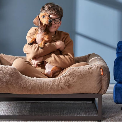 FUZI Luxury Aesthetic Dog Bed with Extra Cover for Small Dogs, Washable Pet Couch, Pet Bed with Sides, Non-Slip Bottom, Soft &amp; Durable Calming Dog Bed, Faux Rabbit Fur, Small 25.1x16.75x9.5 Soft White
