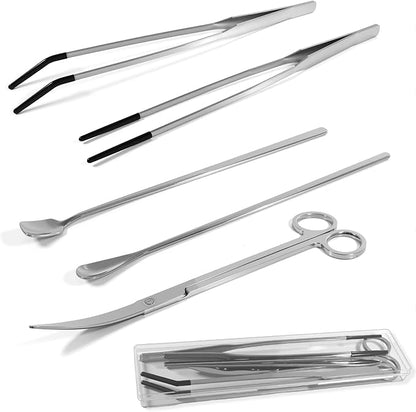5 Pcs Reptile Feeding Tools Set with Silicone Tips - Extra Long Straight&amp;Curved Tongs, Spoons, Scissors - Stainless Steel Terrarium Feeder Kit for Bearded Dragons, Lizards, Snake, Spiders, Aquarium