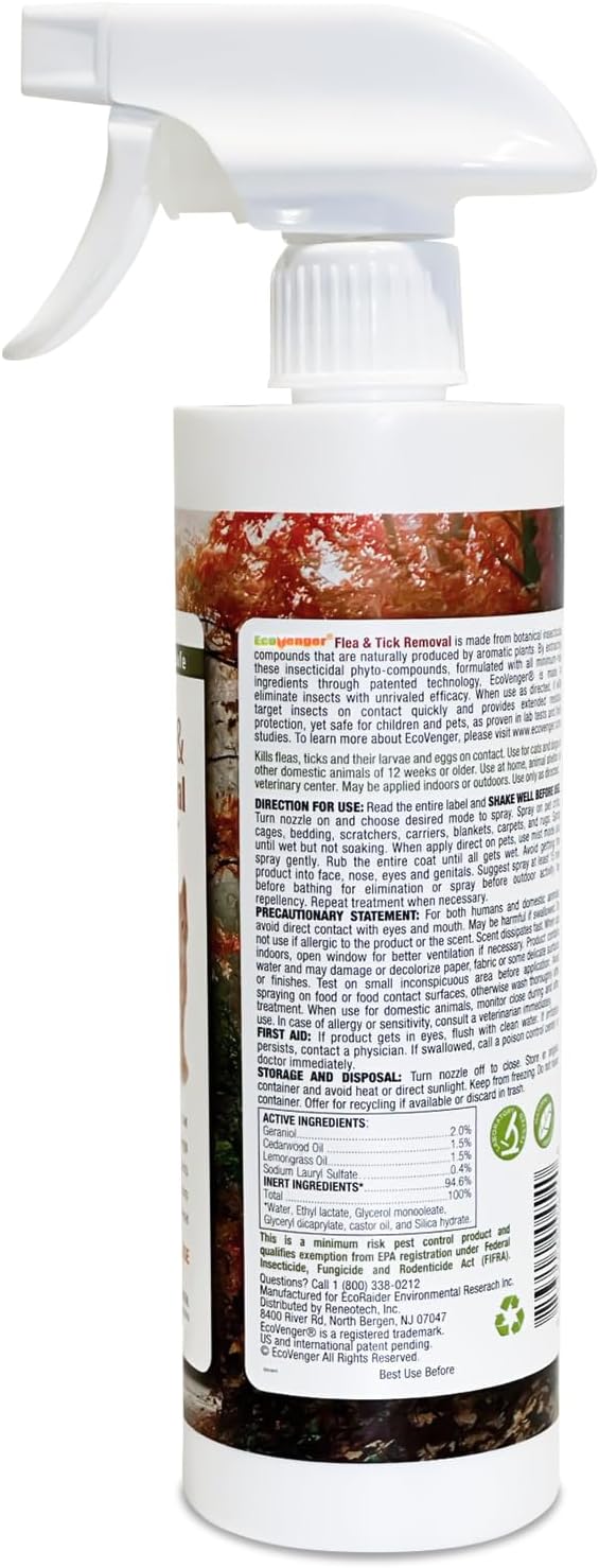 EcoVenger Flea &amp; Tick Removal Spray 16oz for Dogs and Cats, Protects from Fleas, Mites, Ticks &amp; Mosquitoes, eliminates+ Repels+ Housekeeping, Indoors/Outdoors, Plant-Based Formula Safe for Pets &amp; Kids
