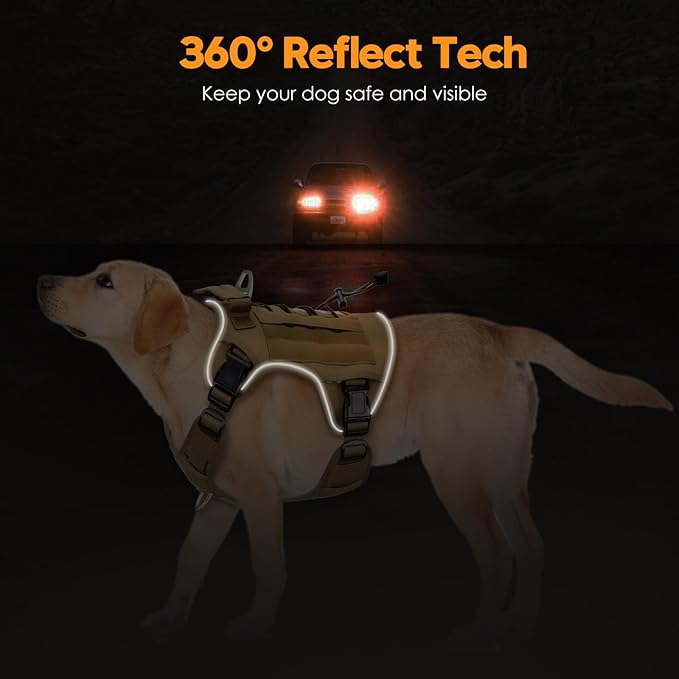 Heavy-Duty Tactical Dog Harness for Large Dogs, No Pull Adjustable Reflective Pet Vest with Molle System, K9 Military-Grade Control for Service Training, Outdoor &amp; 10+ Breeds, Khaki, X-Large