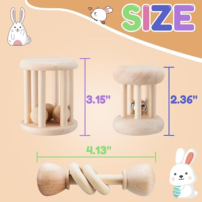 3 Pcs Wooden Bunny Toys - Safe Rabbit &amp; Guinea Pigs Teeth Grinding Toys for Chinchillas, Hamsters &amp; Small Animals - Indoor &amp; Outdoor