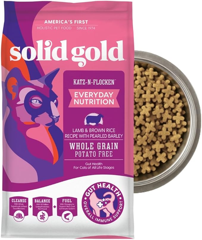 Solid Gold Dry Cat Food for Indoor Cats of All Ages - W/Lamb, Brown Rice, Barley, Probiotics &amp; Fiber for Gut Health- Holistic &amp; Healthy Cat Kibble for Kittens &amp; Adults - Dry Kibble for Cats - 4 LB