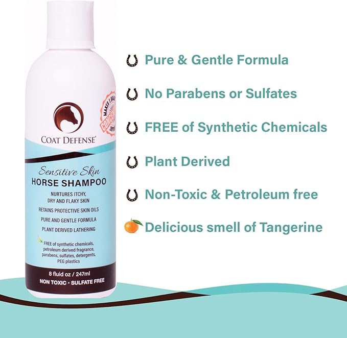 COAT DEFENSE Sensitive Skin Shampoo for Horses | All-Natural &amp; Made in USA | Hypoallergenic Aloe Based - Soothes and Relieves Itchy, Dry and Inflamed Skin | Safe for Everyone | 8oz. Concentrated