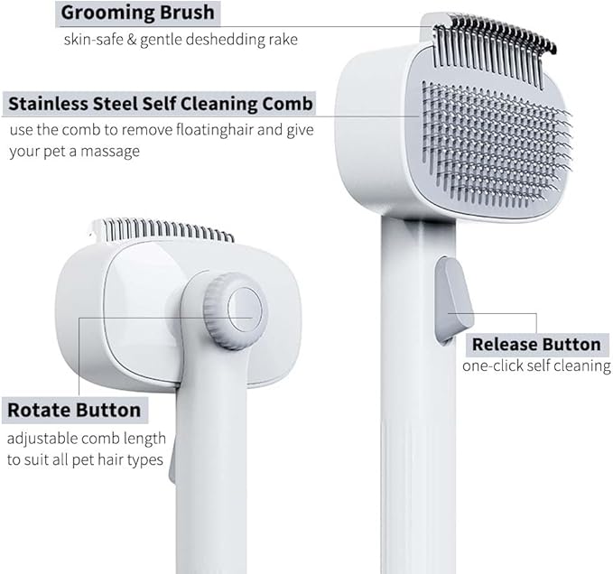 Marchul 2-in-1 Cat Grooming Brush, Cat Brushes with Release Button &amp; Deshedding Dematting Rake, Grooming Comb Tool for for Long or Short Haired Pets, Reduce Shedding, Remove Knots and Massage, White