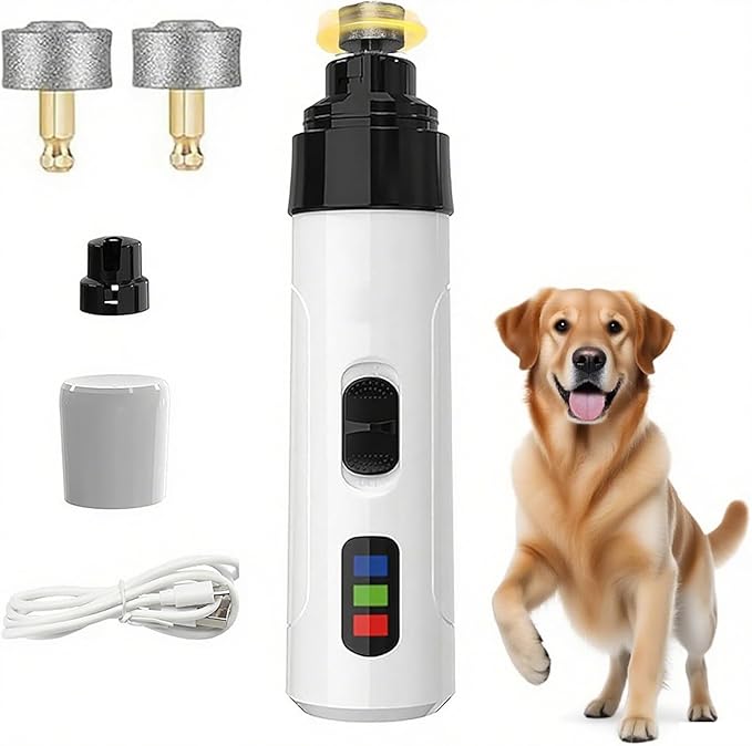 Electric Dog Nail Grinder - USB Rechargeable Electric Nail Trimmer with 3 Diamond Grinding Heads for Small to Large Dogs &amp; Cats