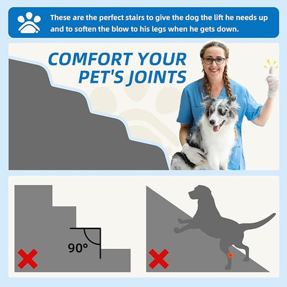 Dog Stairs 3-Step for Small Dogs and Cats to Get on Bed and Furniture/Windows, Pets Can Climb, Sit, or Perch to Look Out Windows, Extra Wide Dog Steps, Non-Slip Waterproof Fabric Cover, Grey（15.7" H）