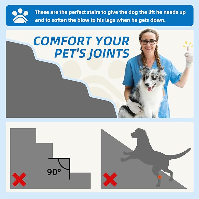 5-Step Spliceable Pet Stairs: Indoor&amp; Outdoor Multi-Use with a Removable Cover and a Pocket, Best for Small Pets and Older Dogs Who Has Spine and Arthritis Issues to Get on High Beds, Grey（22.8" H