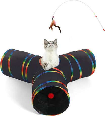 LUCKITTY Cat Tunnels Tube Toy with Plush Ball &amp; Cat Wand Feather Toys-Portable Tattaff Waterproof Washable-Interesting Geometric Pattern Collapsible-3 Way Black Rainbow