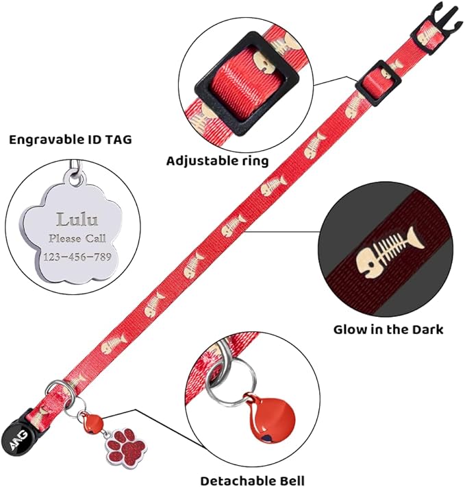 Personalized Breakaway Cat Collars Glow-in-The-Dark with ID Tag, Bell - Safety Quick - Release, Customizable for Female Male Kittens &amp; Cats (Red)