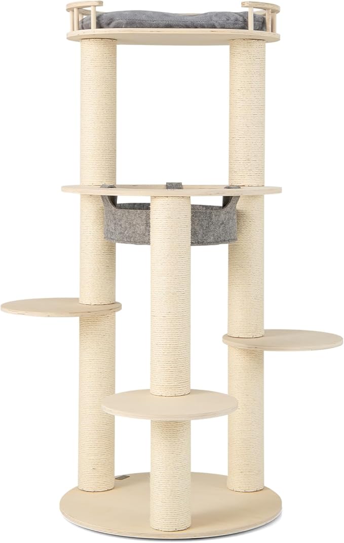 Tangkula Wood Cat Tree, 59 Inch Multi-Level Cat Tower with Top Padded Perch, Hammock, 3 Platforms &amp; Sisal Scratching Posts, Large Modern Cat Tree Tower for Indoor Cats Kittens (59 Inch)