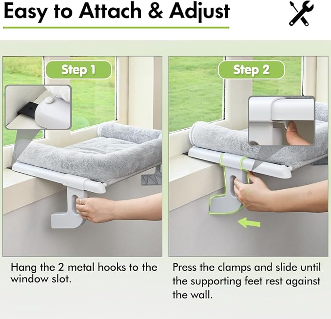 Cat Window Sill Perch with Large Bolster, Easy to Adjust &amp; Assemble Cat Window Seat for Windowsill &amp; Bedside, Pet Hammock Bed for Large Cats and Kittens (Grey, M)