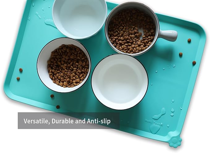 Hoki Found L Silicone Non Slip Pet Food Mats - Cat &amp; Dog Bowl Placemats - Waterproof Feeding Mats for Carpet - Cool Mint