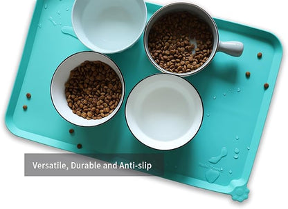 Hoki Found L Silicone Non Slip Pet Food Mats - Cat &amp; Dog Bowl Placemats - Waterproof Feeding Mats for Carpet - Cool Mint