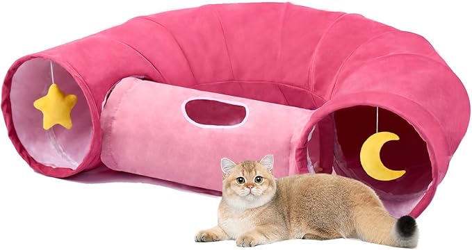 Cat Tunnel, Large Indoor Durable Collapsible Interactive Cat Tube with Peek-A-Boo Hole, Hanging Toys, and Crinkly Paper Lining - Cute Tunnel for Cats, Kittens, Puppies &amp; Rabbits, Pink