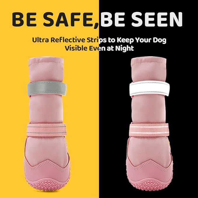Hcpet Dog Shoes, Dog Boots &amp; Paw Protectors for Winter Snowy Days, Rainy Weather, Outdoor Anti-Slip Sole Dog Booties for Hardwood Floor Pink-Leg 4