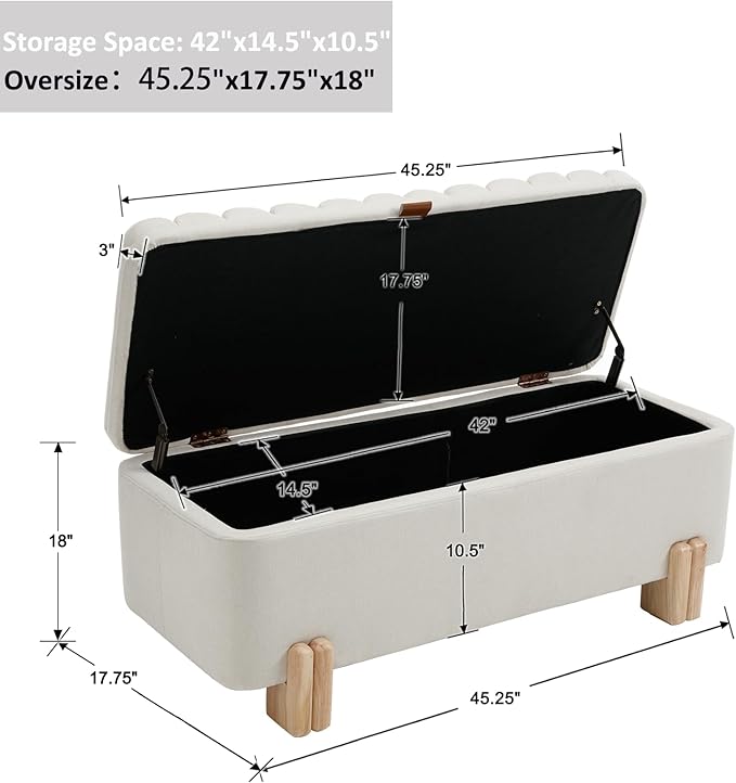 Kmax 45" Storage Bench Linen Entryway Bench Upholstered Ottoman Bench with Wavy Top &amp; Safty Hinge for Bedroom Living Room Hallway, Beige