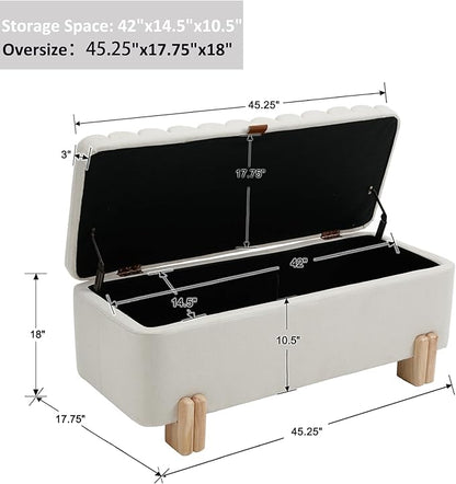 Kmax 45" Storage Bench Linen Entryway Bench Upholstered Ottoman Bench with Wavy Top &amp; Safty Hinge for Bedroom Living Room Hallway, Beige