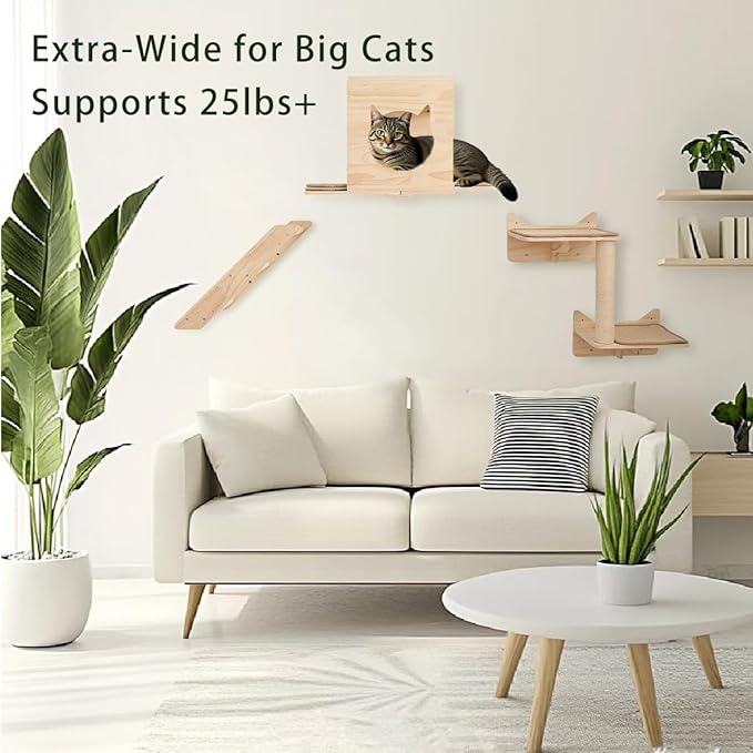 KVIDA Cat Wall Shelves Set – 5PCS Extra-Large Wall Mounted Cat Furniture with 2 Platforms, Sisal Scratching Post &amp; Cat House – Solid Wood Climbing Wall for Large Indoor Cats