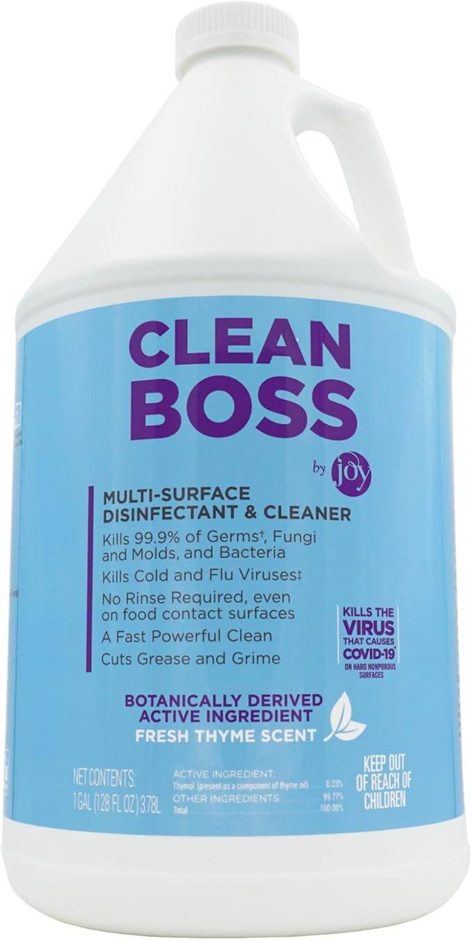 CleanBoss Botanical Disinfectant - Multi-Surface Cleaner - 128 oz - Kills 99.9% of Germs + Cold &amp; Flu Viruses - Fresh Thyme Scent - No Rinse on Food Contact Surfaces - Pet Friendly