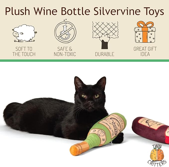 KittiLush 2-Pack Organic Silvervine Catnip Substitute Toys for Cats &amp; Kittens | 100% All-Natural Wild Harvested Silvervine | 2 Refillable Wine Bottle Kicker Cat Toys
