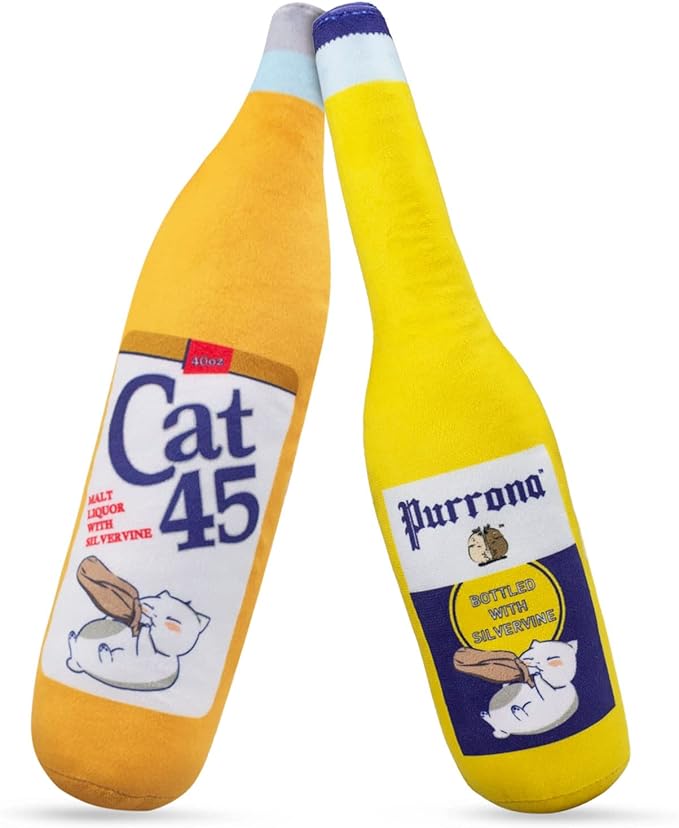 KittiForti 2-Pack Organic Silvervine Catnip Substitute Toys for Cats &amp; Kittens | 100% All-Natural Wild Harvested Silvervine | 2 Refillable Beer Bottle Kicker Cat Toys