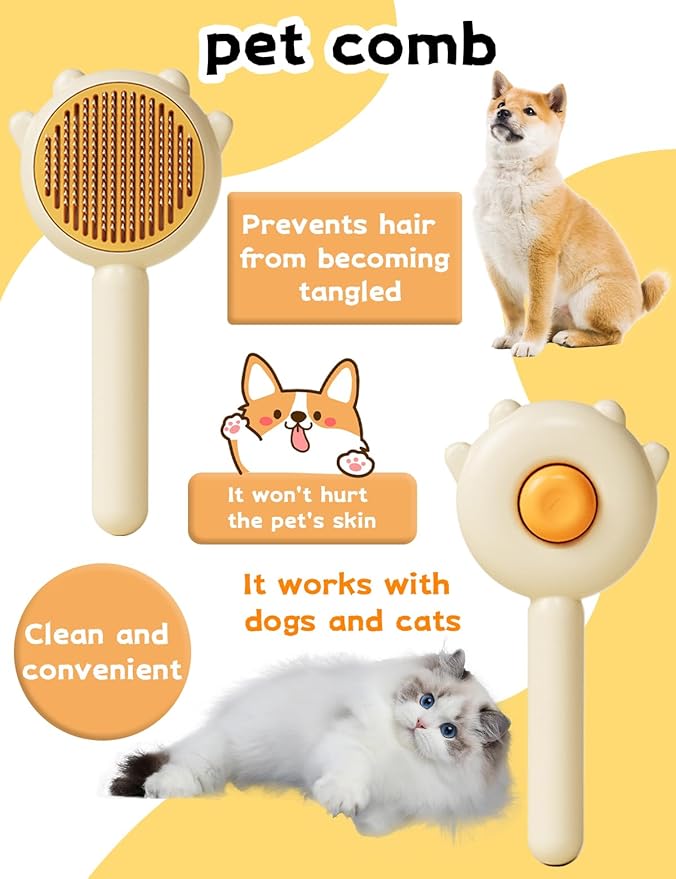 Cat &amp; Dog Grooming Brush (Purple) - Stainless Steel Tooth Comb, Rubber Massage Needles, Self-Cleaning, Suitable for Kittens to Long-Haired Cats &amp; Dogs