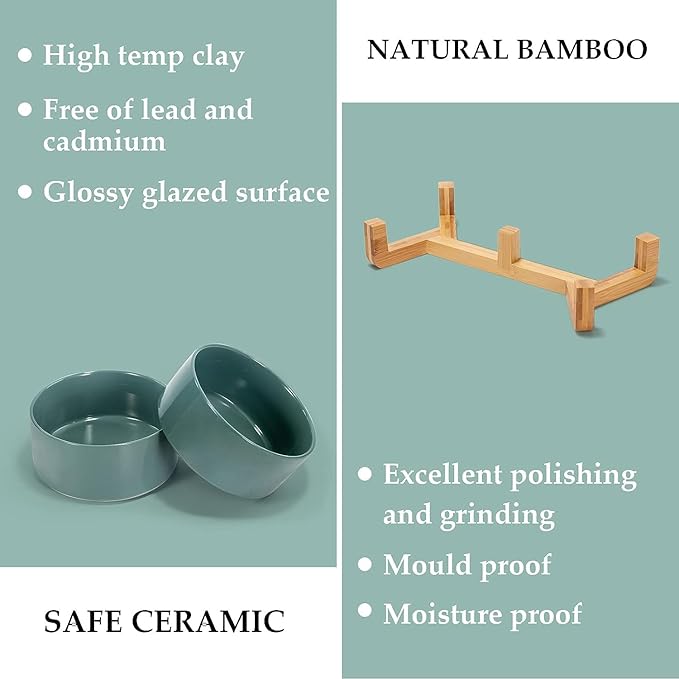 SPUNKYJUNKY Ceramic Dog and Cat Bowl Set with Wooden Stand, Modern Cute Weighted Food Water Set for Small Size Dogs (13.5OZ) &amp; Medium Sized Dogs (28.7OZ) &amp; Cats (3.6 Cups, 2 × Light Green)