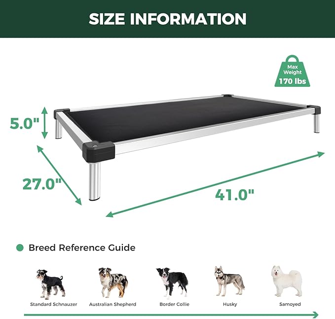 FXW TitanNest Chew-Proof Elevated Dog Bed, Raised Cot for Indoor/Outdoor/Camping Use, Durable &amp; Washable Padded Pet Bed for Medium Dogs, 41.0" L x 27.0" W x 5.0" H, Black